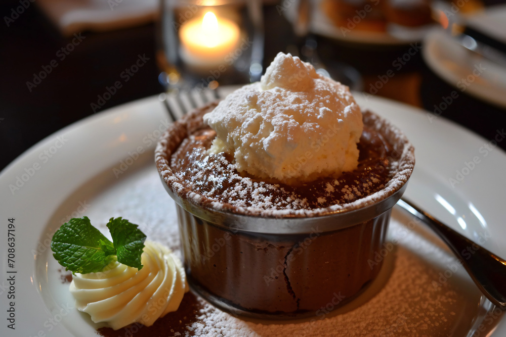 Delicious dessert, tasty souffle au chocolat at a restaurant Delicious dessert, tasty souffle au chocolat at a restaurant