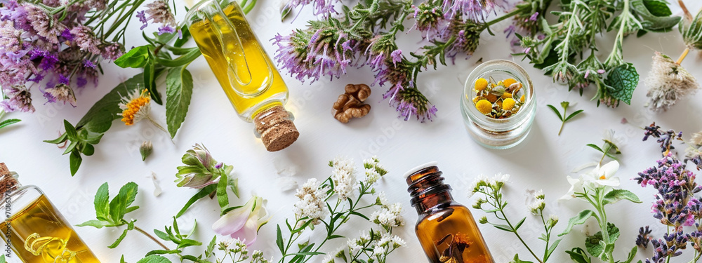 essential oils and herbs on a white background essential oils and herbs on a white background