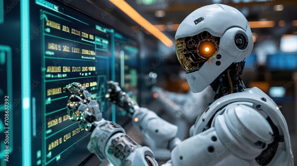 Man in White Robot Suit Pointing at Screen. Generative AI. Man in White Robot Suit Pointing at Screen. Generative AI.