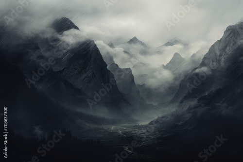 Enigmatic and mysterious wallpaper background featuring mist-covered mountains