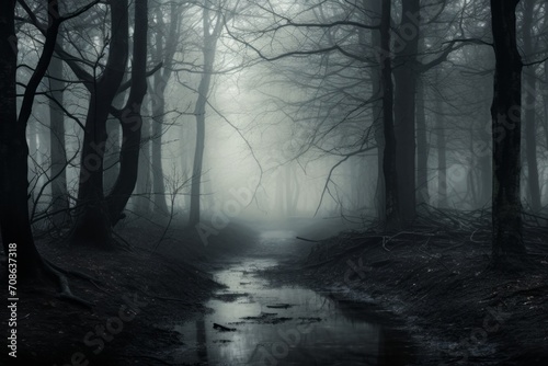 Enigmatic and mysterious wallpaper background with mist-covered trees in a forest