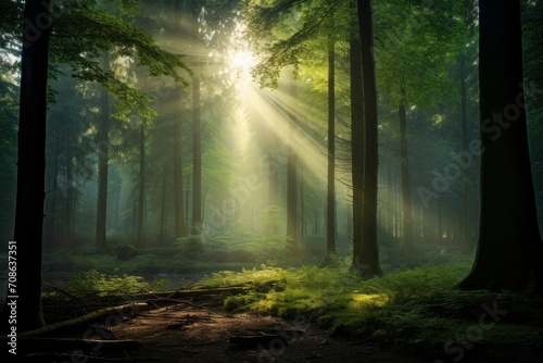 Ethereal forest scene with beams of sunlight creating a celestial glow © KerXing