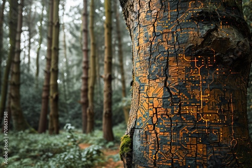 A tree stands with a unique circuit board pattern on its bark amidst a fog-covered forest.