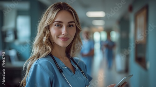 Woman in Scrubs Holding Cell Phone. Generative AI. photo