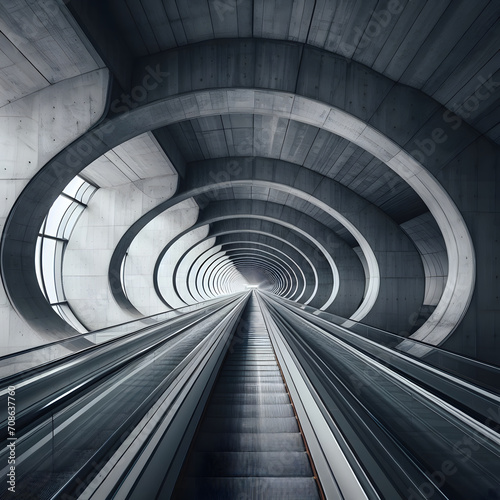 Endless flight in a gray concrete tunnel