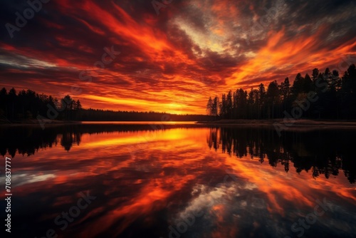 Stunning sunset reflecting on a serene lake with a backdrop of majestic trees