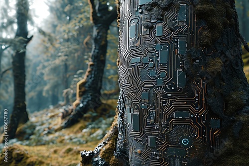 Nature merges with technology, a tree with circuitry patterns against a woodland backdrop.