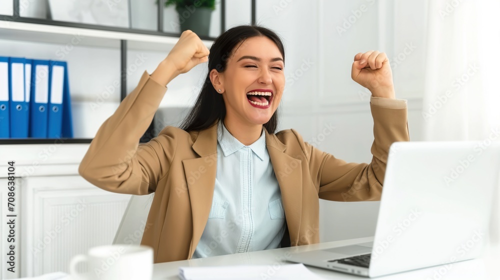 Woman Sitting in Front of Laptop Computer. Generative AI. Woman Sitting in Front of Laptop Computer. Generative AI.