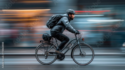 Man Riding Bike Down Street. Generative AI.