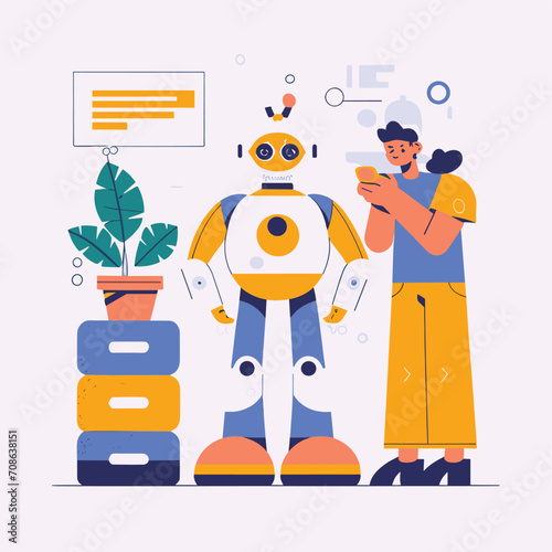 2d vector illustration colorful technology , ai robot making jobs helping people colorful design