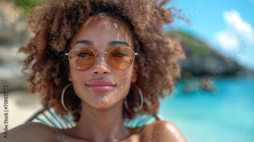 Woman Wearing Bikini and Sunglasses Relaxing on Beach. Generative AI.
