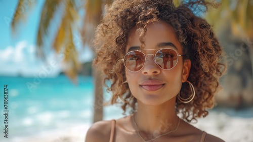 Woman Wearing Sunglasses Standing on Beach. Generative AI.