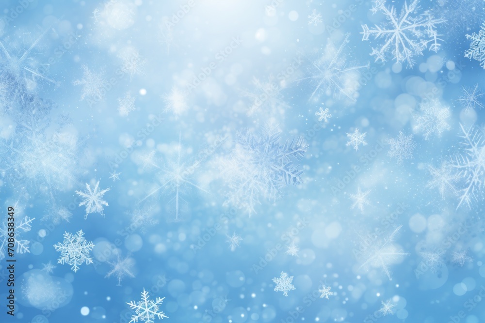 Icy blue background with delicate snowflakes falling gently