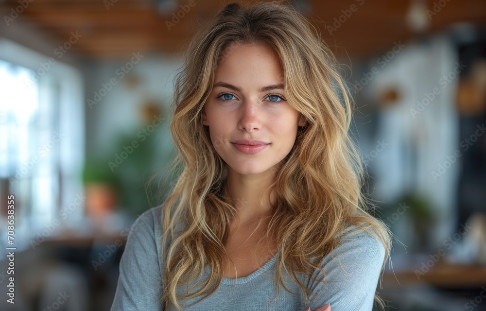 Beautiful Blonde Woman With Blue Eyes Poses for Picture. Generative AI.