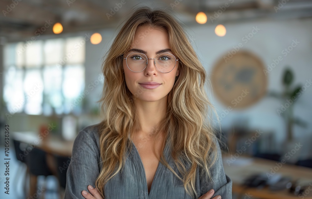 Woman With Glasses Standing, Arms Crossed, Confidence and Authority. Generative AI.
