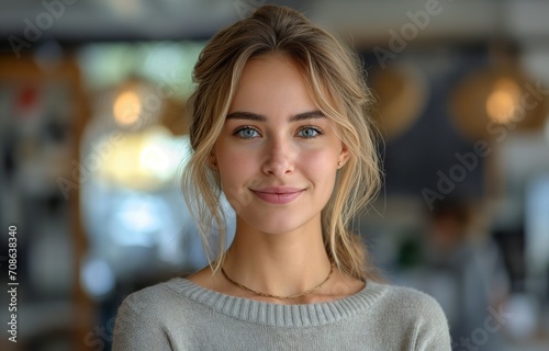 Smiling Woman With Blonde Hair and Blue Eyes. Generative AI.