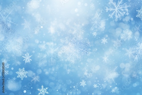 Icy blue background with delicate snowflakes falling gently © KerXing