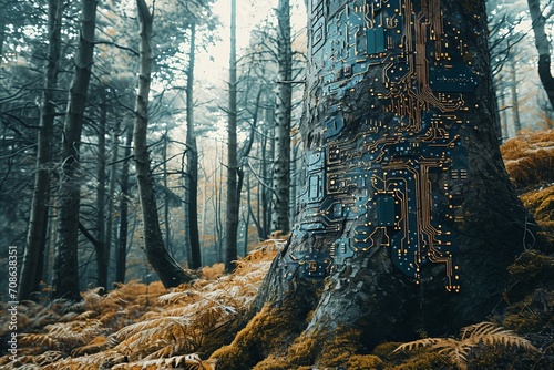 Futuristic concept of a tree bark with embedded electronic circuit in a foggy forest.