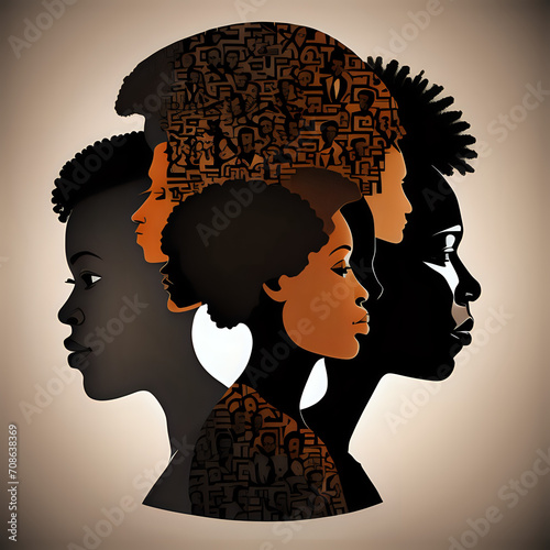 Silhouette face head in profile ethnic group of black African and African American men and women. Identity concept - racial equality and justice. Racism, discrimination - - generated by ai