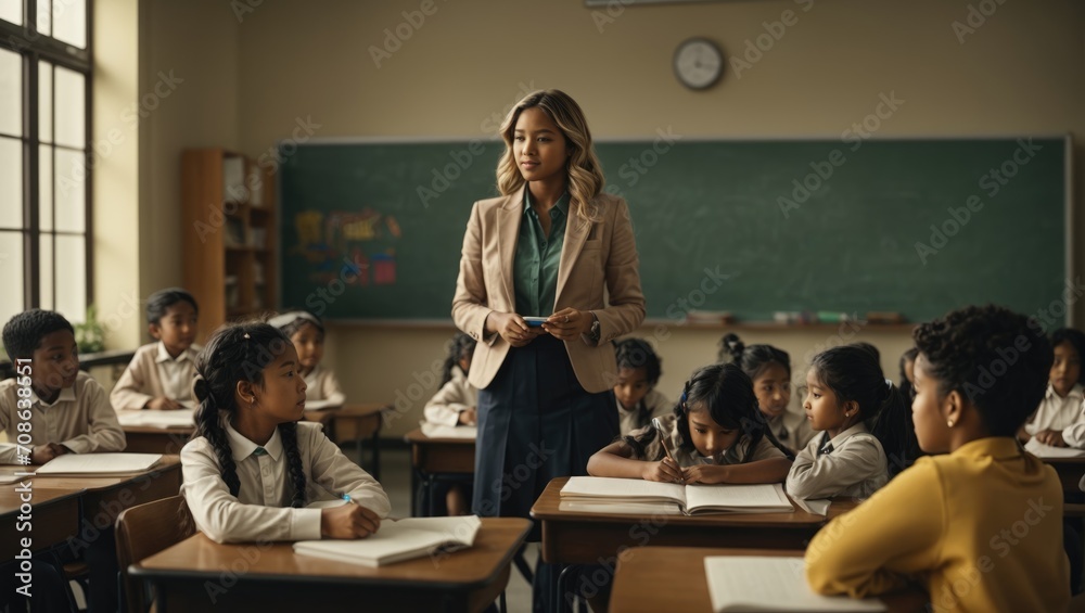 Female teacher standing in front of her students in the classroom. Education concept - obrazy, fototapety, plakaty 