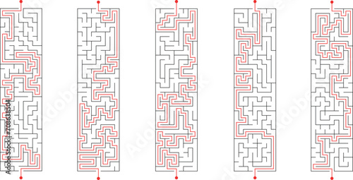 Batch of vertical long lenght rectangular labyrinths. Set of stretched mazes with solutions. Black and white riddles collection. Brainstorm puzzle for books, print, web games.