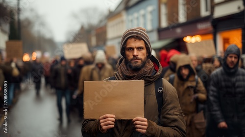 Man Holding Sign in Front of Crowd of People, Protest, Demonstrator, Public Gathering, Protesting, Social Activism, Gathering, Group, Message, Public Expression. Generative AI.
