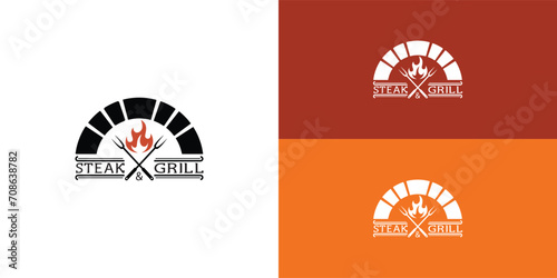 Firewood Brick Oven Grill Barbecue BBQ with Crossed Fork and Fire Flame Logo Design Inspiration presented with multiple background colors and it is suitable for food and restaurant logo design photo