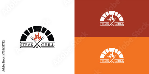 Firewood Brick Oven Grill Barbecue BBQ with Crossed Fork and Fire Flame Logo Design Inspiration presented with multiple background colors and it is suitable for food and restaurant logo design