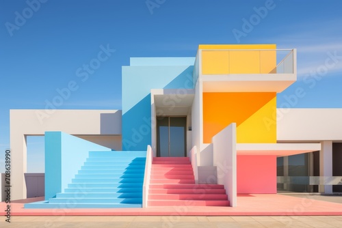 Vibrant building with a staircase leading to its entrance