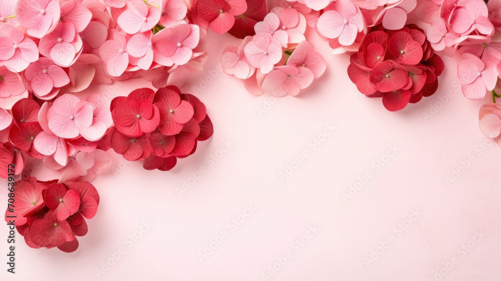 Fototapeta premium Hydrangea pink red background copy space pastel background Floral background delicate composition for greeting cards, isolated flowers. Copy space banner