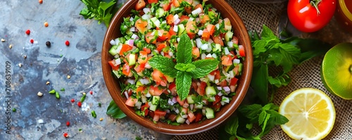 A vibrant image of Fattoush or Tabbouleh, traditional salads in Saudi Arabian cuisine