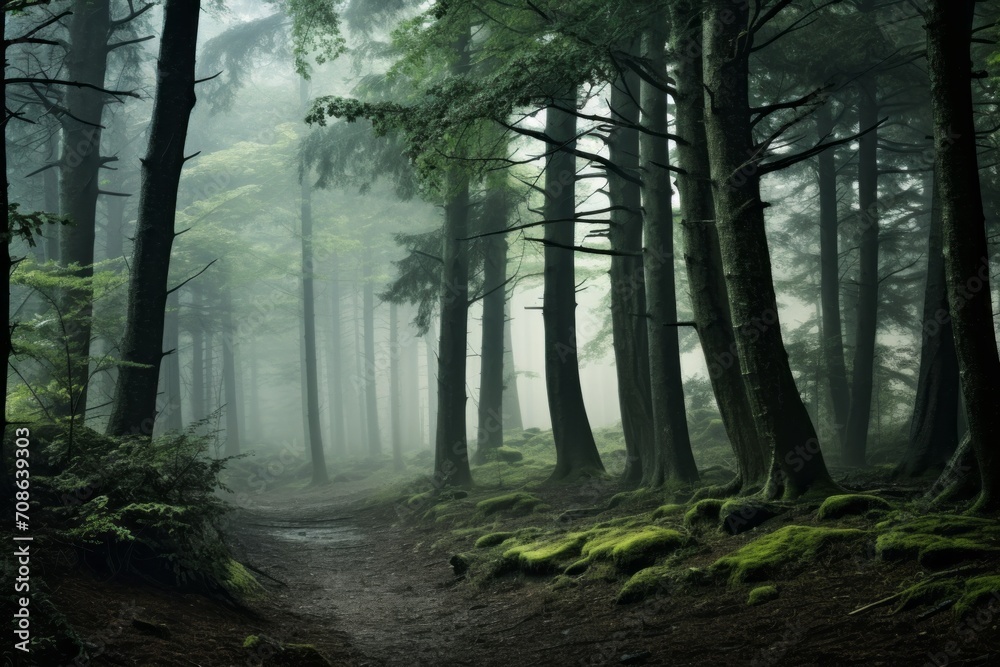 Fototapeta premium Mystic forest shrouded in early morning fog