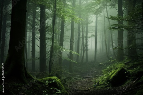 Mystical forest shrouded in fog, evoking an ethereal atmosphere