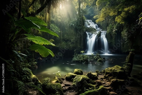 Picturesque waterfall framed by lush greenery in a mesmerizing natural scene