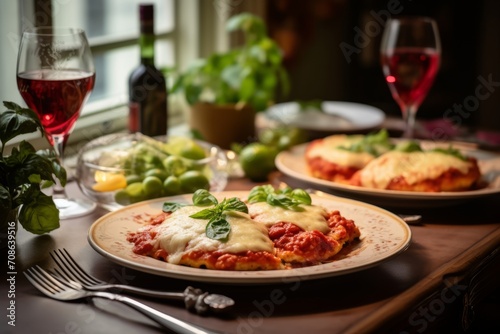 Plates of chicken parmigiana placed on a cozy family dining table