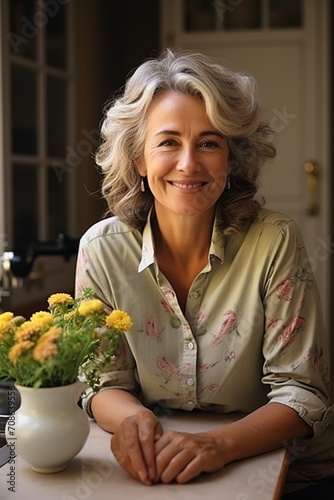 Portrait of a smiling middle-aged woman with gray hair © duyina1990