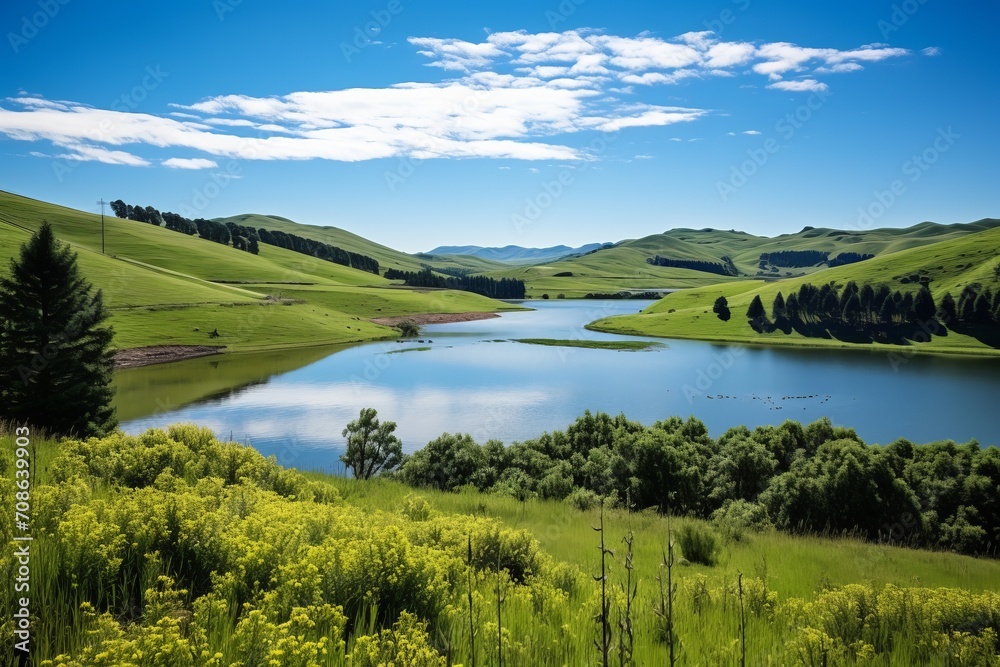 Rolling hills and a clear pond forming a tranquil natural vista