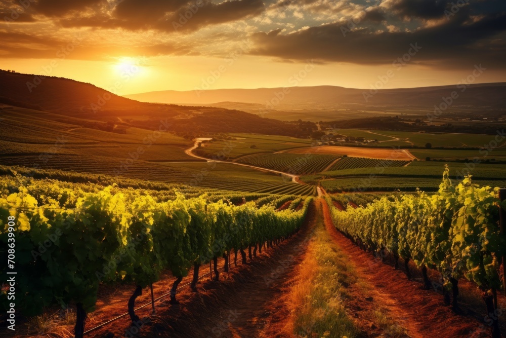 Rolling vineyards with neat rows of grapevines under a warm sunset