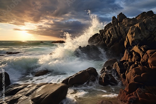 Rocky shoreline meeting crashing waves under a dramatic sky