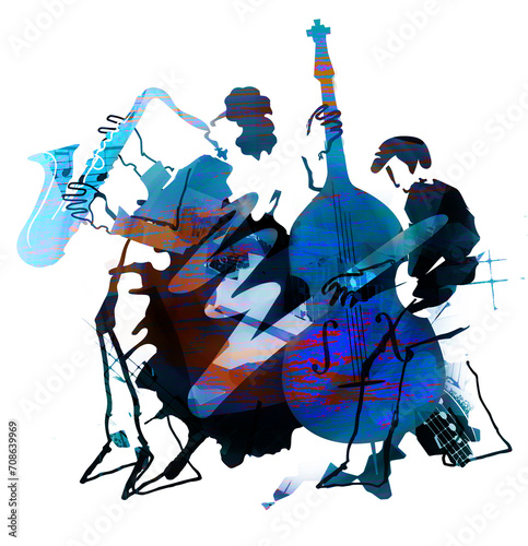 Jazz theme,Contrabass musician and saxophonist.
 Expressive Illustration of two jazz musicians on grunge background with music notes. Isolated on white. photo