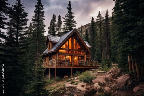 Secluded cabin nestled among towering pine trees in the wilderness