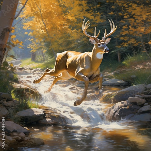 a painting of a deer leaping into a stream © Thuan