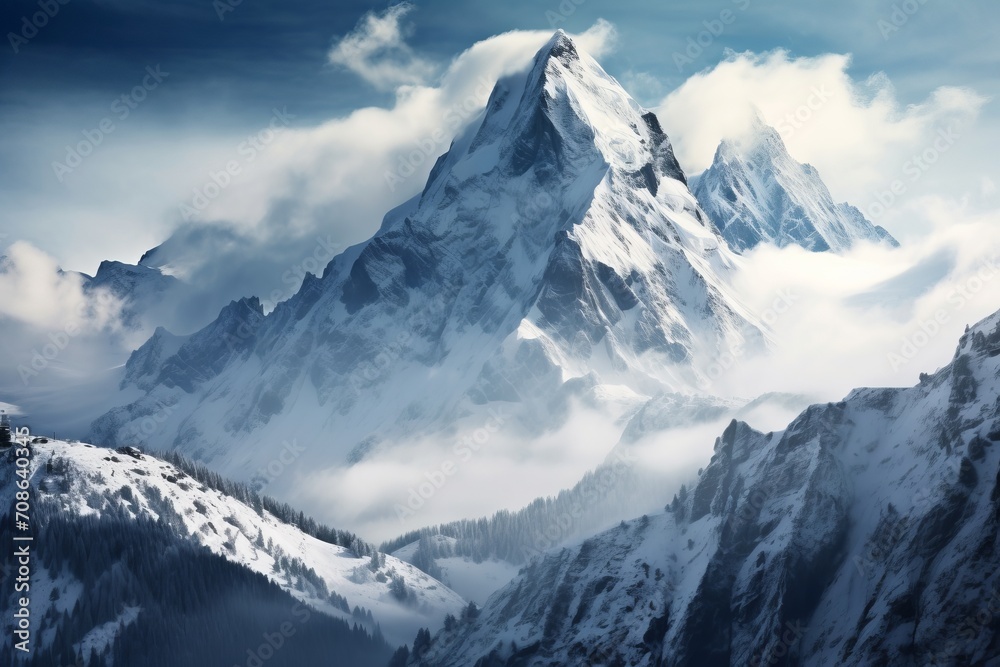Snow capped peaks reaching for the sky in a majestic alpine landscape