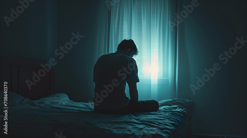 Despondent Young Man Experiencing Overwhelming Depression and Stress, Seated with Head in Hands in the Dimly Lit Bedroom - Concept Depicting Negative Emotion and Mental Health Struggles