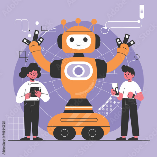2d vector illustration colorful technology , ai robot making jobs helping people colorful design
