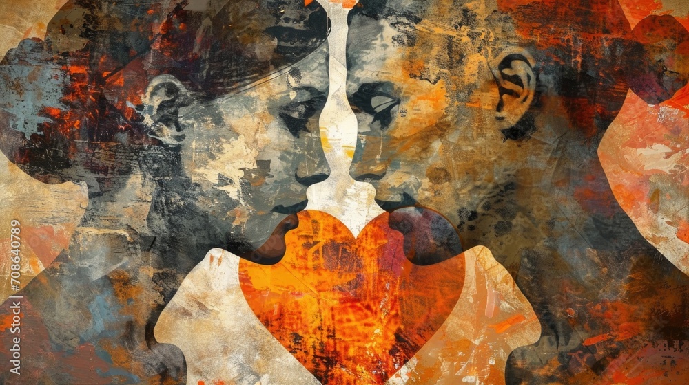 Naklejka premium Art collage with two women silhouettes and heart on grunge background