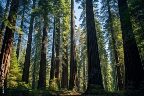 Towering redwood trees forming a majestic forest backdrop © KerXing