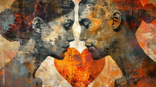 Art collage with two women silhouettes and heart on grunge background