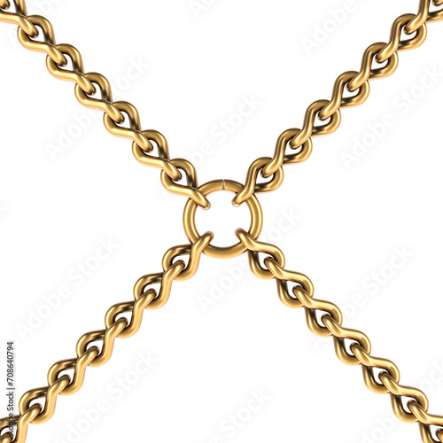Golden chains with ring in the center. 3D rendering isolated on transparent background