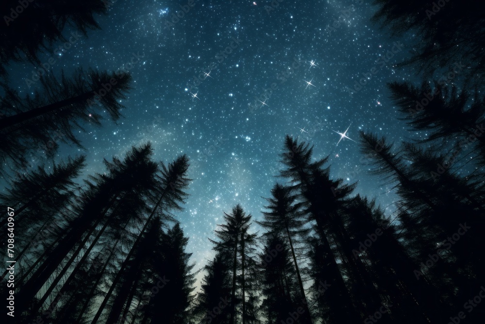Starry night sky with trees silhouetted against it